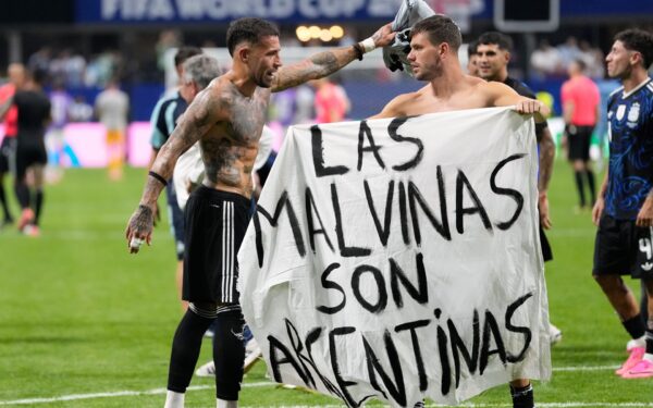 Argentina players brandish political Falklands flag after England match