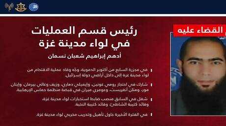 الجيش الإسرائيلي يعلن اغتيال رئيس قسم عمليات "حماس" في غزة