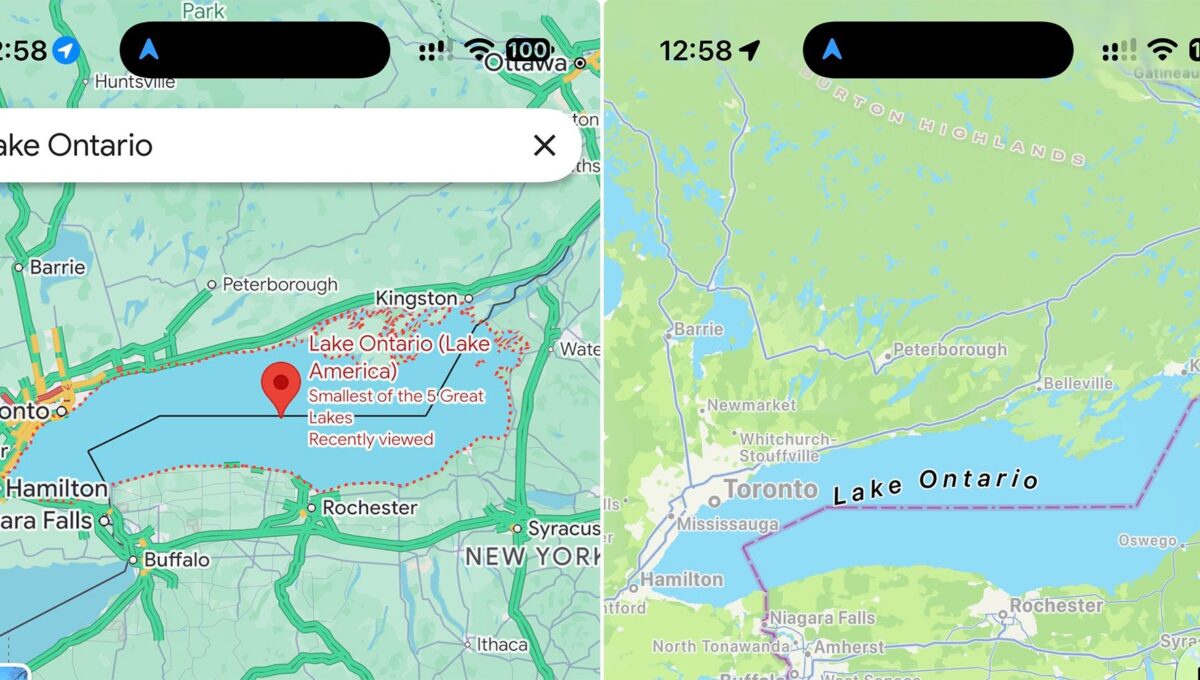 Apple Maps still shows Lake Ontario as Google Maps changes name