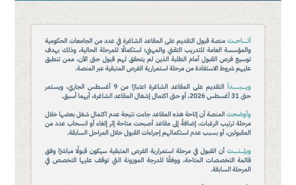 «قبول» تتيح التقديم على المقاعد الشاغرة في عدد من الجامعات.. آخر موعد