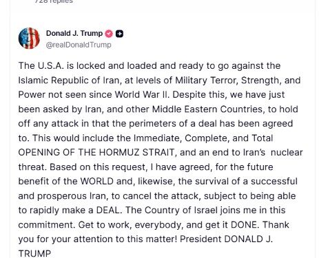 Trump says cancelled attack on Iran subject to Hormuz opening, end to 'nuclear threat'